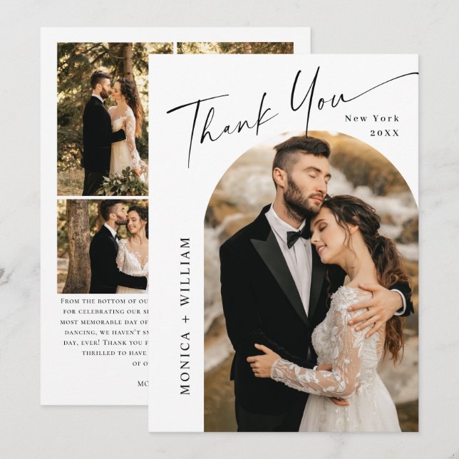Elegante Minimalistische Handschrift Hochzeit 5 Fo Dankeskarte (Vorne/Hinten)