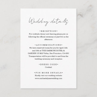 Elegante minimalistische Handschrift-Hochzeitsdeta Begleitkarte