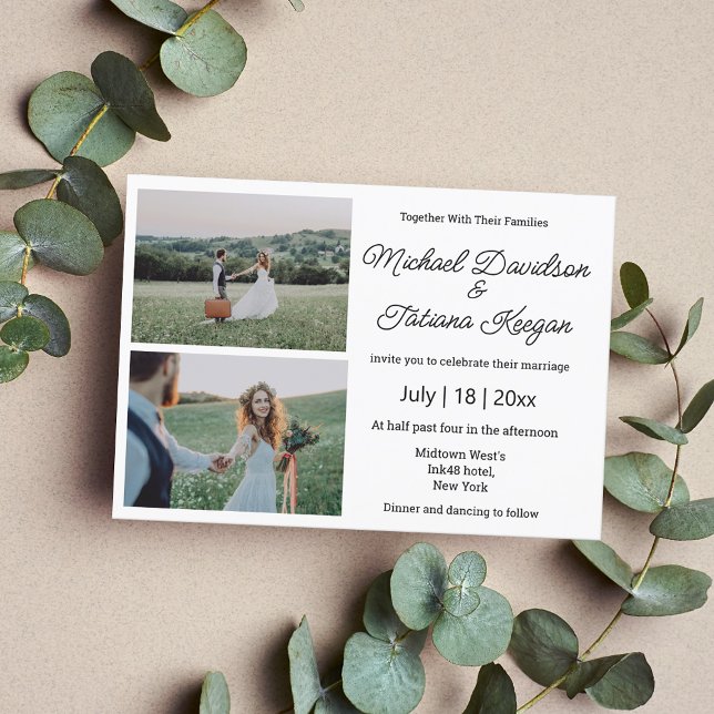 elegante, minimalistische Hochzeit 2 Fotos Collage Einladung (Von Creator hochgeladen)