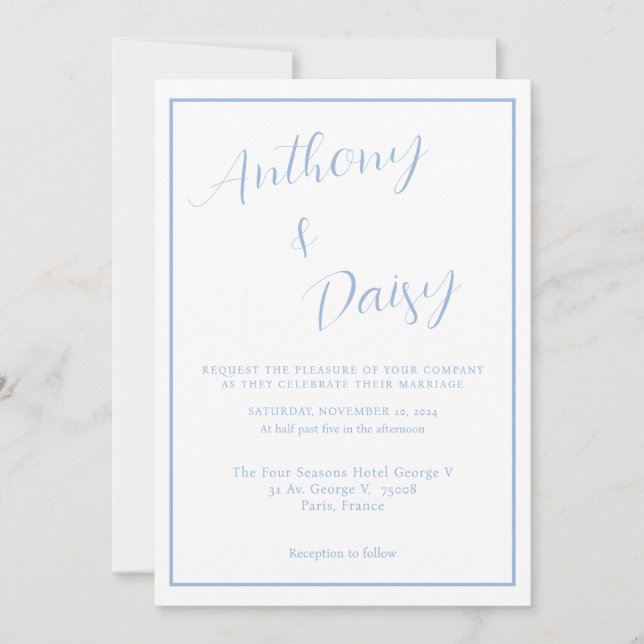 Elegante Minimalistische Hochzeit an der blauen Gr Einladung (Vorderseite)