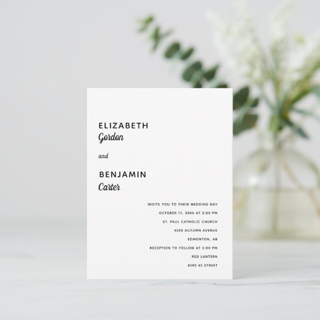Elegante Minimalistische Hochzeit Einfache Typogra Postkarte (Stehend Vorderseite)