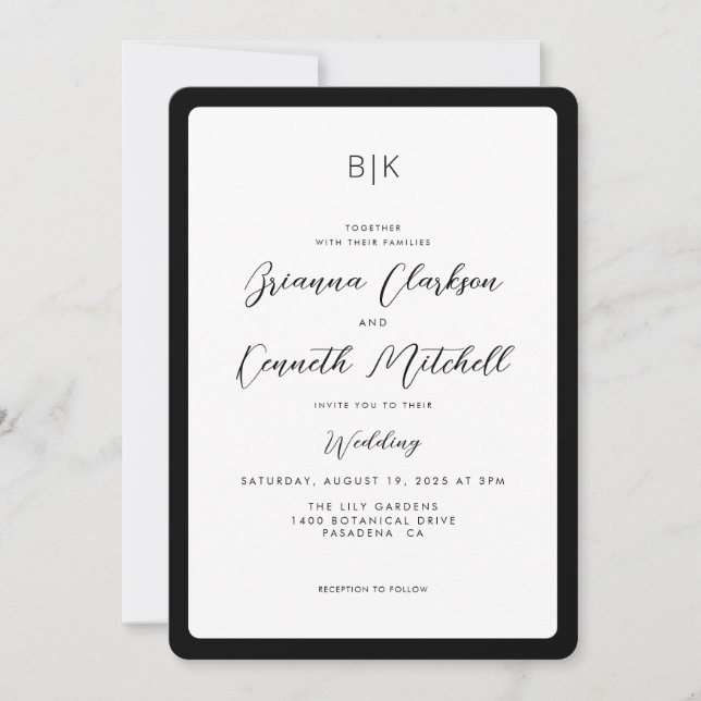 Elegante Minimalistische Hochzeit in Schwarz und W Einladung (Vorderseite)