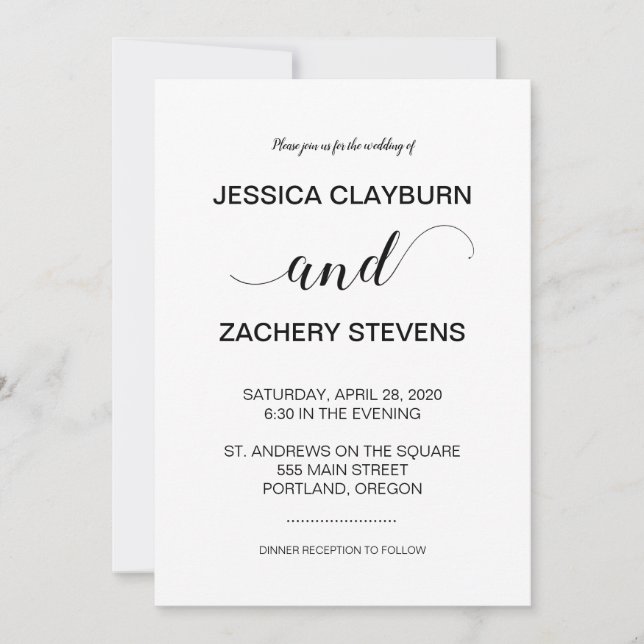 Elegante Minimalistische Hochzeit in Schwarz und W Einladung (Vorderseite)