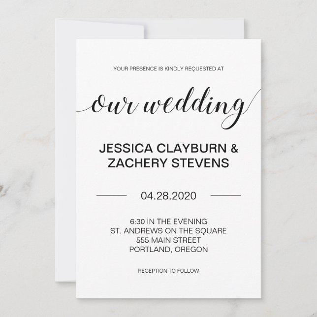 Elegante Minimalistische Hochzeit in Schwarz und W Einladung (Vorderseite)