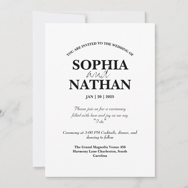 Elegante Minimalistische Hochzeit in Schwarz und W Einladung (Vorderseite)