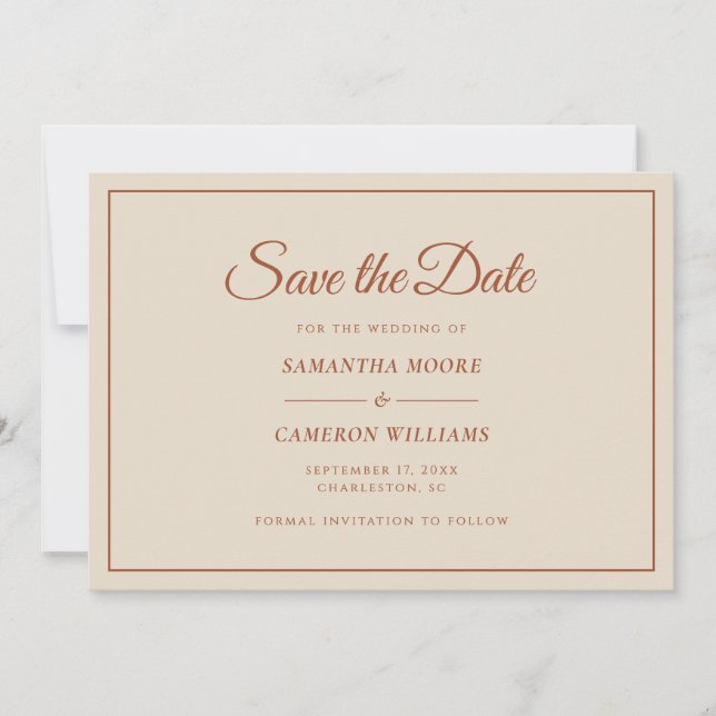 Elegante Minimalistische Hochzeit QR Code Terracot Save The Date (Vorderseite)