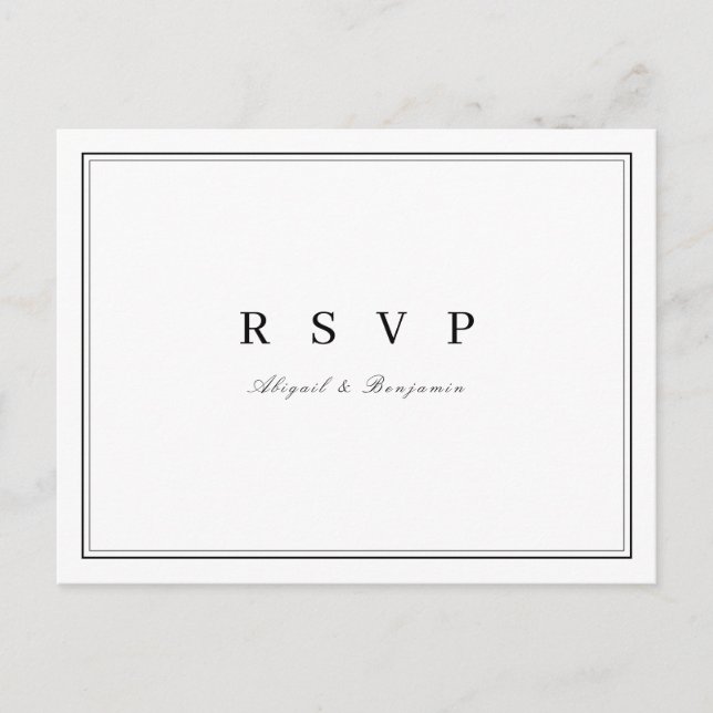 Elegante, minimalistische Hochzeit RSVP in Schwarz Einladungspostkarte (Vorderseite)