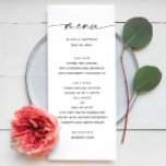 Elegante Minimalistische Hochzeit | Schwarz-Weiß-S Menükarte<br><div class="desc">Dieses zeitlos und raffiniert gestaltete, schwarz-weiße Hochzeitsmenü besticht durch elegantes modernes Skript, das mit einem puristischen minimalistischen Layout kombiniert wird. Dieses klassische rechteckige Menü ist für Paare gedacht, die Einfachheit und Eleganz mit einer Touch von Eleganz schätzen. Es eignet sich hervorragend für Empfänge, Veranstaltungen mit schwarzer Krawatte oder moderne romantische...</div>