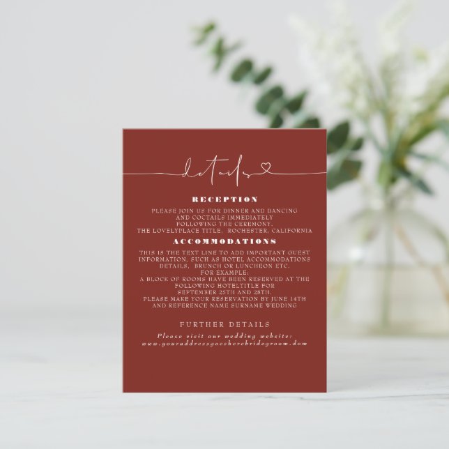 Elegante Minimalistische Hochzeitdetails Begleitkarte (Stehend Vorderseite)