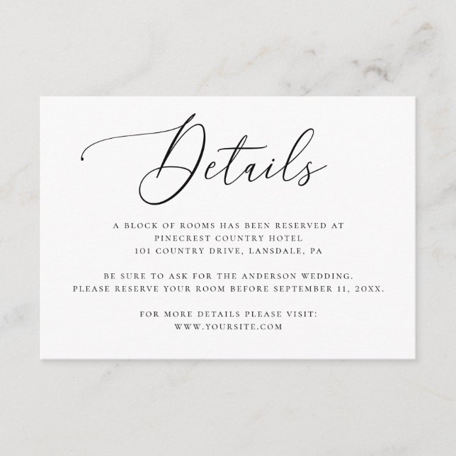 Elegante Minimalistische Hochzeitdetails mit Skrip Begleitkarte (Vorderseite)