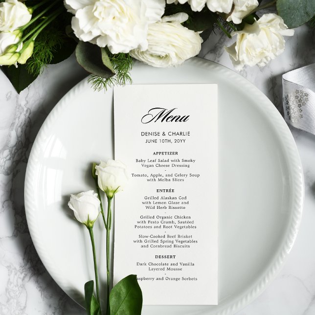 Elegante Minimalistische Kalligrafie White Wedding Menükarte (Von Creator hochgeladen)