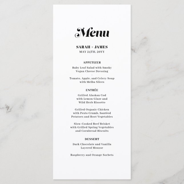 Elegante Minimalistische kalligraphische White Wed Menükarte (Vorderseite)
