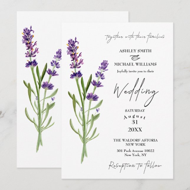 Elegante Minimalistische Lavendelhochzeit Einladung (Vorne/Hinten)