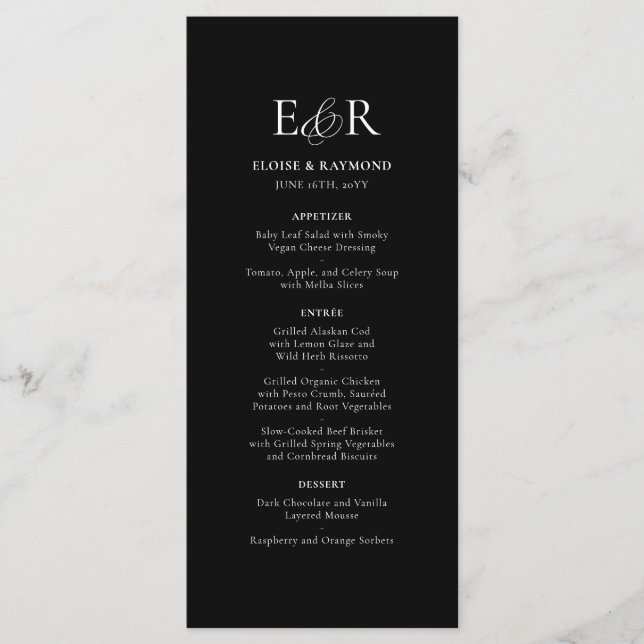 Elegante Minimalistische Monogram Black Wedding Menükarte (Vorderseite)