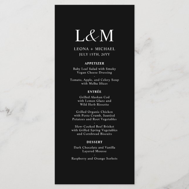 Elegante Minimalistische Monogram Black Wedding Menükarte (Vorderseite)