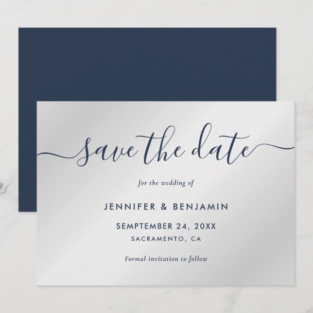 Elegante Minimalistische Navy Blue und Silver Wedd Save The Date (Vorne/Hinten)