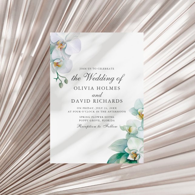 Elegante Minimalistische Orchideenhochzeit Einladung (Elegant Minimalist White Orchid Wedding Invitation on a white dry palm leaf.)