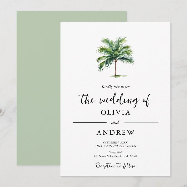 Elegante Minimalistische Palm Tree Wedding Einladung (Vorne/Hinten)