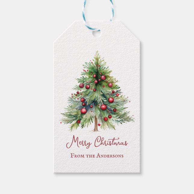 Elegante Minimalistische Rote Grüne Pine Tree Weih Geschenkanhänger (Vorderseite)