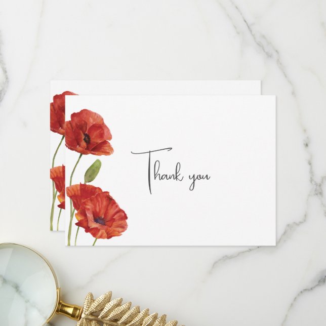 Elegante Minimalistische Rote Mohn-Blume Hochzeit Dankeskarte (Vorderseite/Rückseite Beispiel)