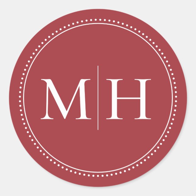 Elegante Minimalistische rote Monogramm gepunktete Runder Aufkleber (Vorderseite)