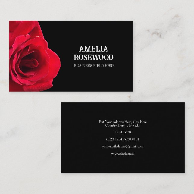 Elegante Minimalistische Rote Rose auf schwarz Visitenkarte (Vorne/Hinten)