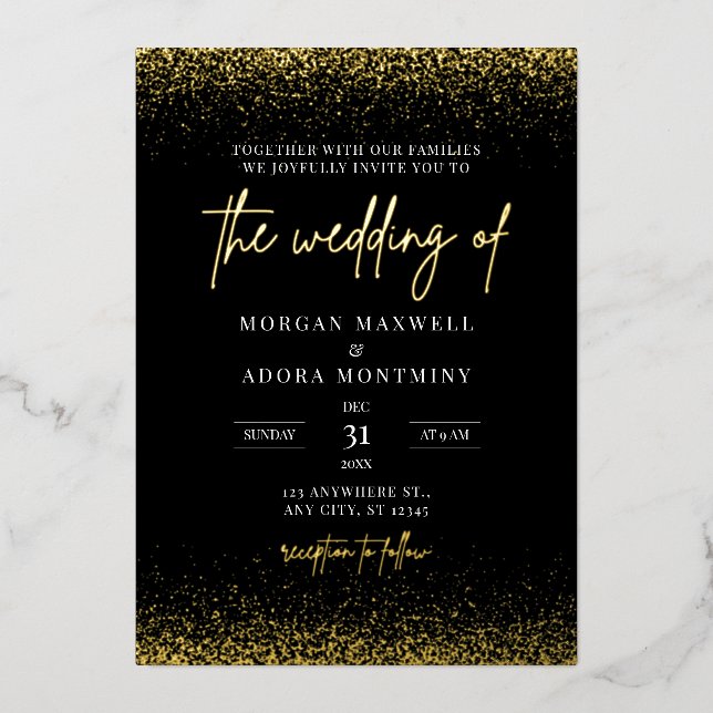Elegante Minimalistische Schwarz-Gold-Hochzeit Folieneinladung (Vorderseite)