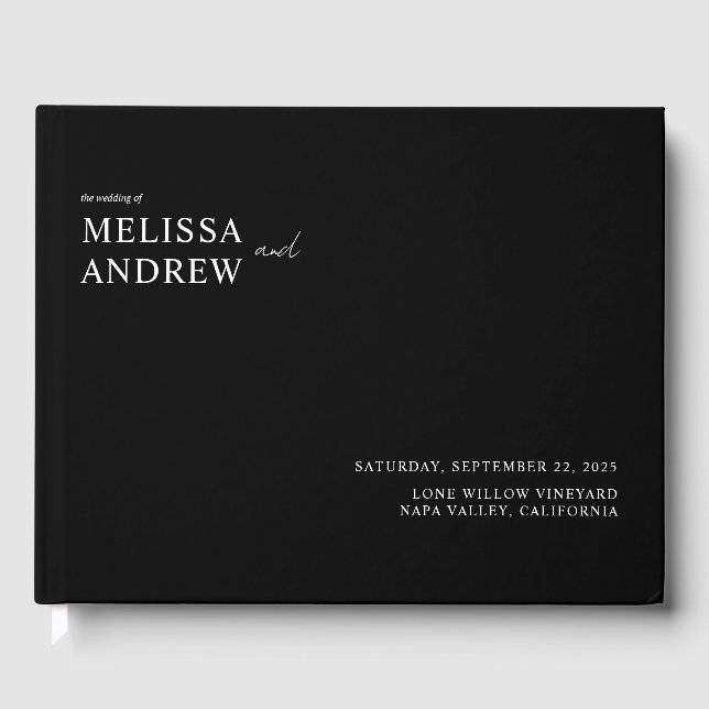 Elegante Minimalistische Schwarz-Weiß-Hochzeit Gästebuch (Vorderseite)