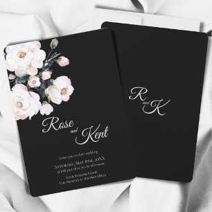 Elegante Minimalistische Schwarz-weiße Blumenhochz Einladung