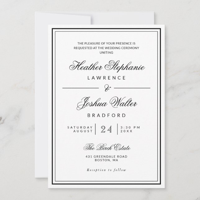 Elegante Minimalistische Schwarz-weiße Hochzeit Einladung (Vorderseite)