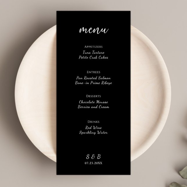 Elegante Minimalistische Schwarze Hochzeit Menükarte (Elegant Minimalist Black Wedding Menu)
