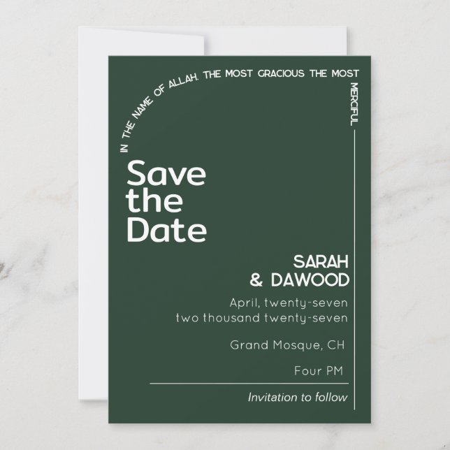 Elegante Minimalistische Smaragdgrüne Hochzeit Save The Date (Vorderseite)