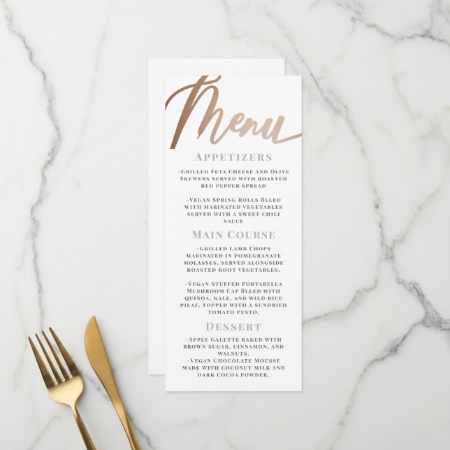 Elegante Minimalistische White Rose Gold Script Ho Menükarte (Vorderseite/Rückseite Beispiel)