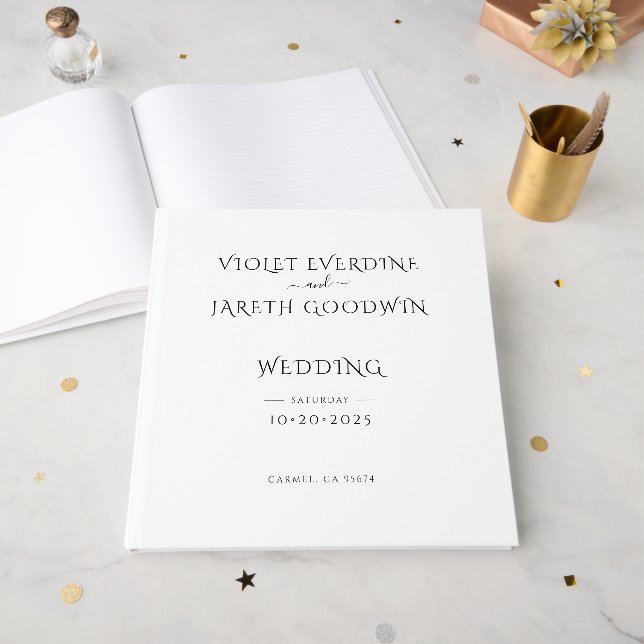 Elegante Minimalistische White Wedding Gästebuch (Vorderseite offen)