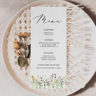 Elegante minimalistische Wildblumen-Hochzeitsmenü Menükarte