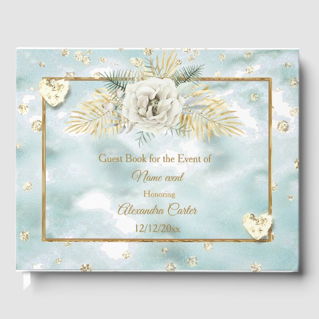 Elegante Mint Aquamarin Blue Gold Marmor Rose Blum Gästebuch (Vorderseite)