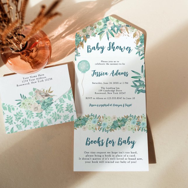 Elegante Mint Floral Baby Dusche All In One Einladung (Von Creator hochgeladen)