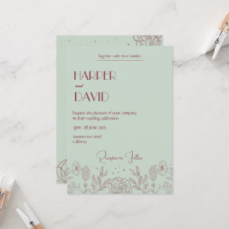 Elegante Mint Green Floral Line Einladung Hochzeit