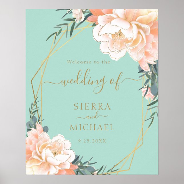 Elegante Mint Green Gold Blush Peach Floral Weddin Poster (Vorne)
