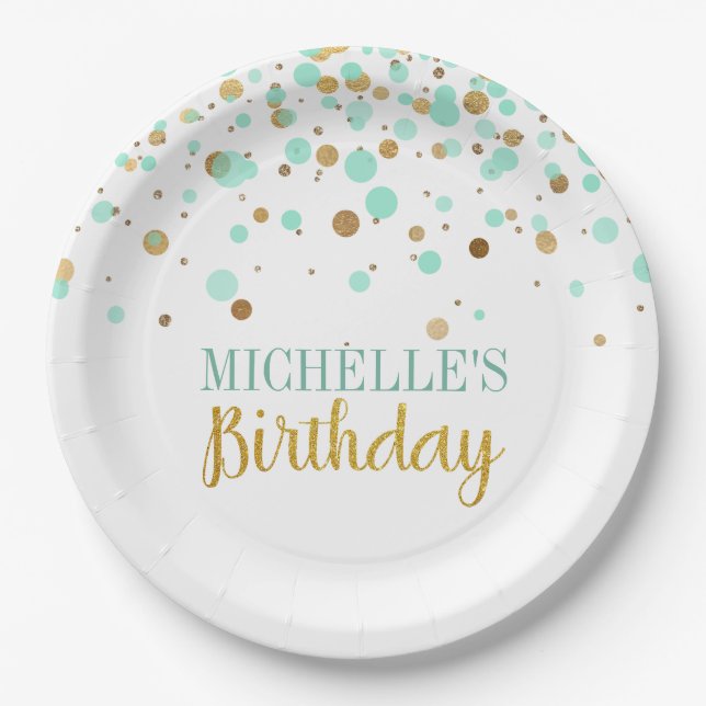 Elegante Mint Green Gold Confetti Girl Birthday Pappteller (Vorderseite)