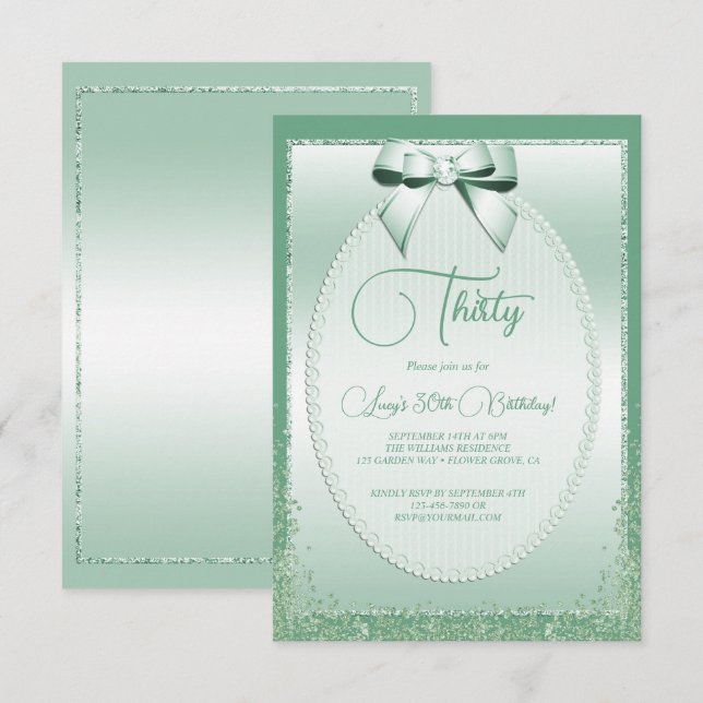 Elegante Mint Green Jeweled Bow & Glitzer Geburtst Einladung (Vorne/Hinten)