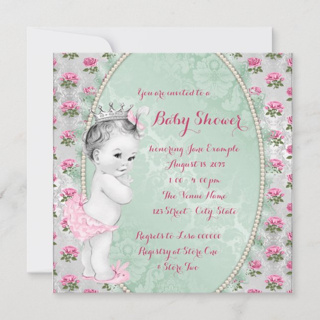 Elegante Mint Green und Pink Baby Girl Dusche Einladung (Vorderseite)