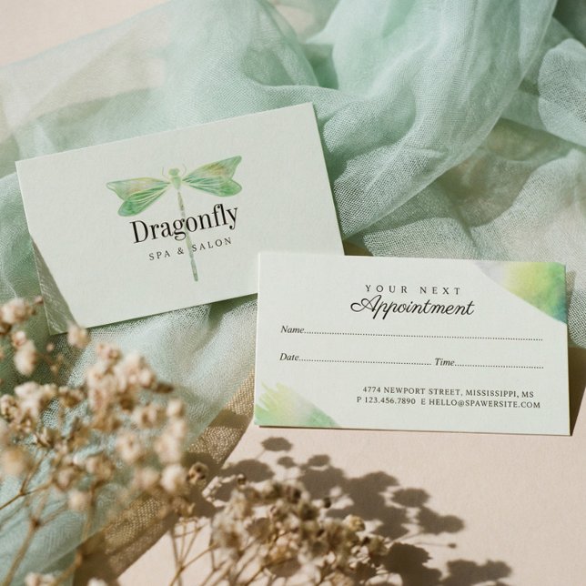 Elegante Mint Green Watercolor Dragonfly Terminkarte (Elegant Mint Green Watercolor Dragonfly Appointment Card)