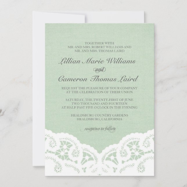 Elegante Mint Lace Wedding Einladung (Vorderseite)