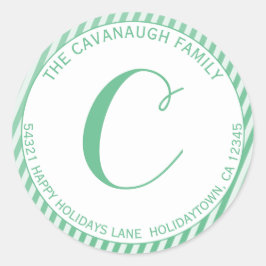 Elegante Mint Silver Stripe Monogramm-Adresse Runder Aufkleber