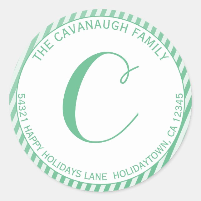 Elegante Mint Silver Stripe Monogramm-Adresse Runder Aufkleber (Vorderseite)