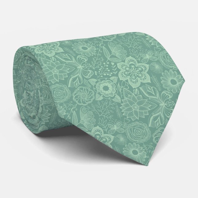 Elegante, mintgrüne Töne Retro-Blumenspitze Krawatte (Gerollt)