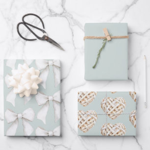 Elegante mintgrüne weiße Herzen Schleifen Brautpar Geschenkpapier Set