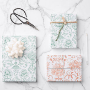 Elegante Minz-Weiß-Pfirsich-Blumenhochzeit Geschenkpapier Set