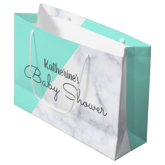 Elegante Minze und weiße Marmorbrause Große Geschenktüte (Vorderseite Schrägansicht)